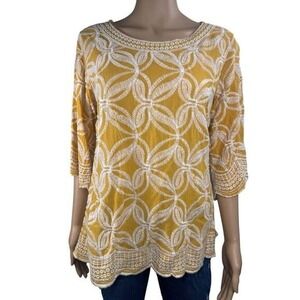 Anthropologie Solitaire Embroidered Top Scalloped Edges Relaxed Fit Size M